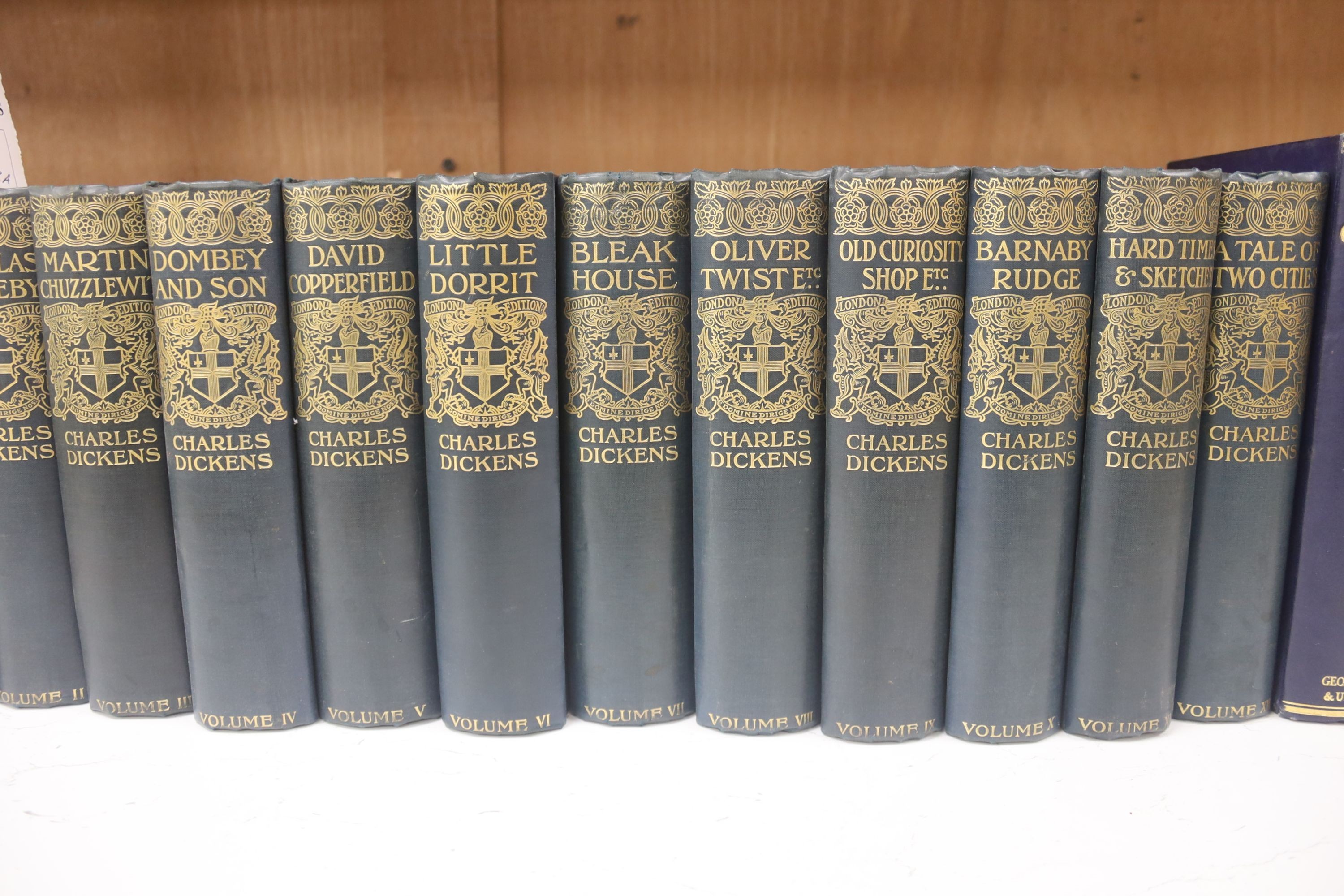 Dickens, Charles - The Works, 12 vols, blue cloth gilt, illustrations by ‘’Phiz’’, Seymour, and others, Blackwood, Le Bas & Co., [c.1900]; Hueffer, Ford, Maddox - The Cinque Ports, illustrated by William Hyde, qto, cloth